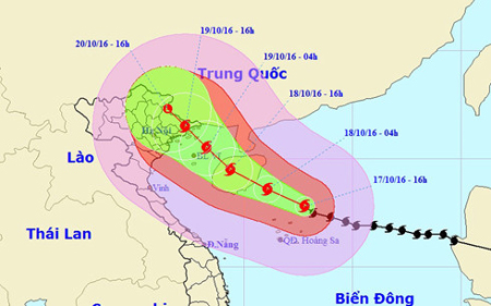 Dự báo vị trí và hướng đi của Bão số 7 (Sarika) trong những thời gian tiếp theo.